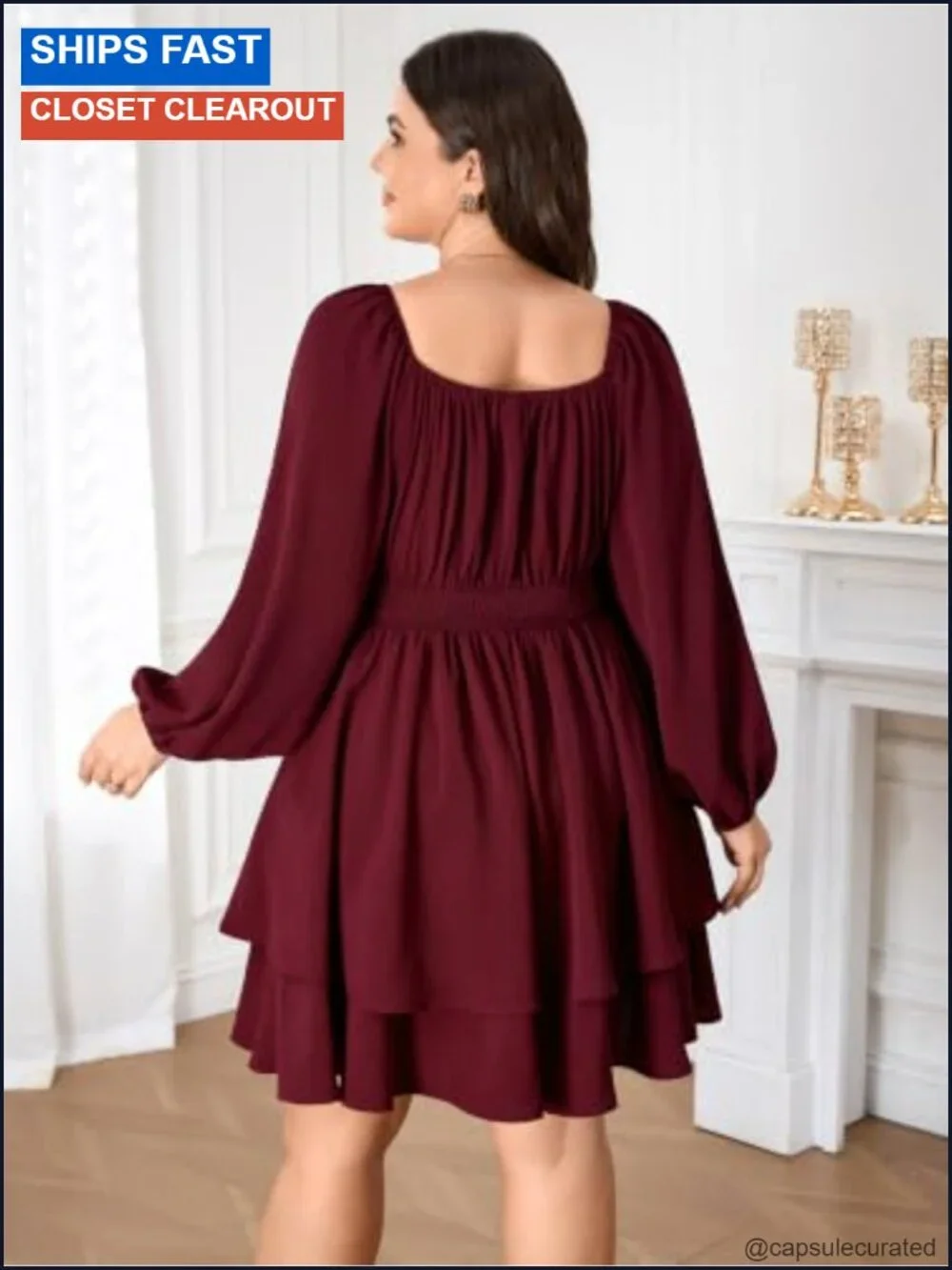 Women's Plus Size Long Sleeve Tiered Mini Dress Sweetheart Neck A-Line